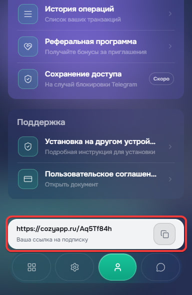 Пример ссылки подписки в профиле Cozy VPN